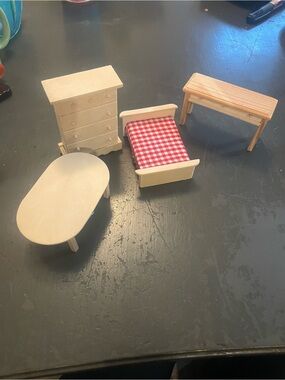 Wooden Dollhouse Furniture Set with Red Gingham Bed